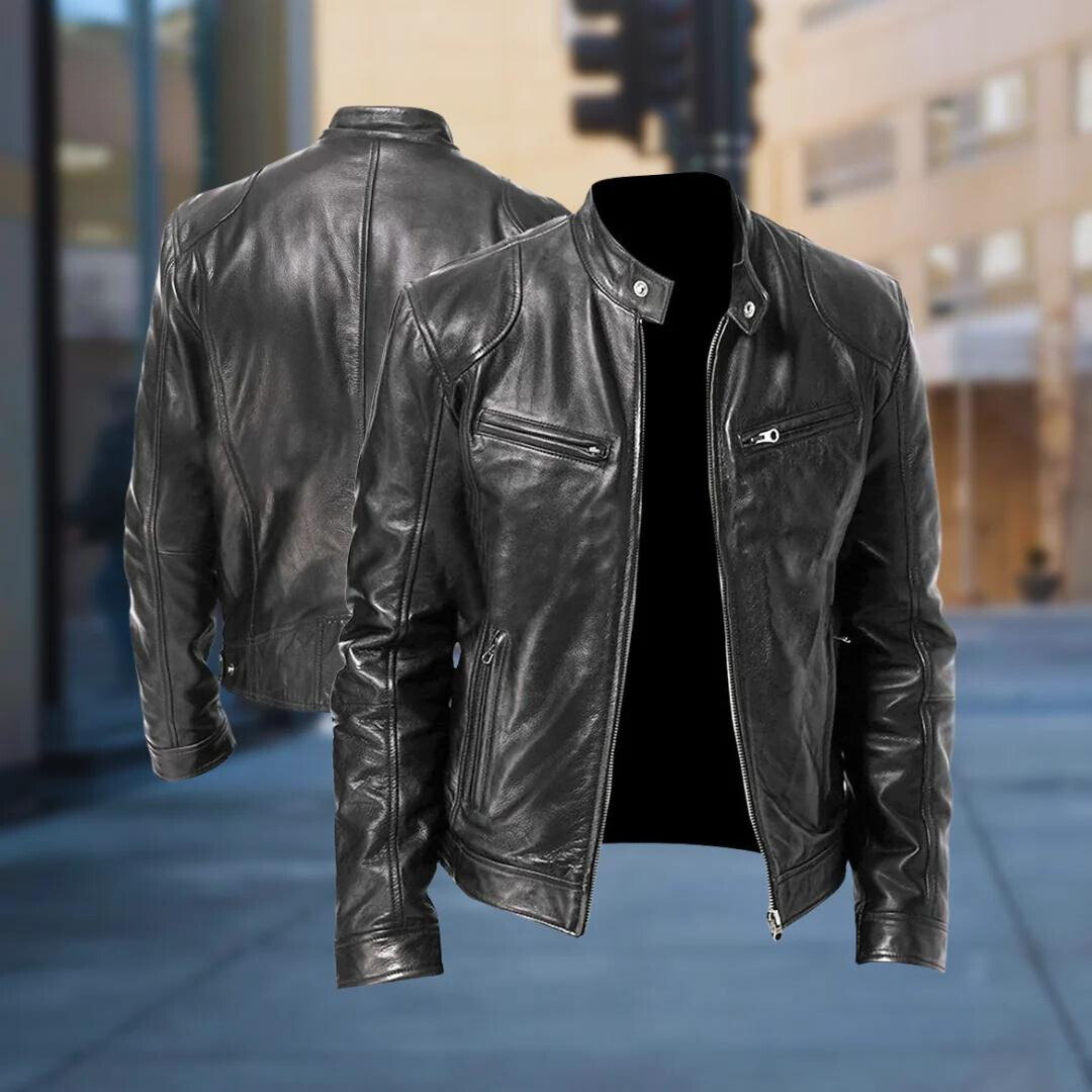 Veste en cuir noir présentée de face et de dos, superposées sur un fond de rue floue. 4