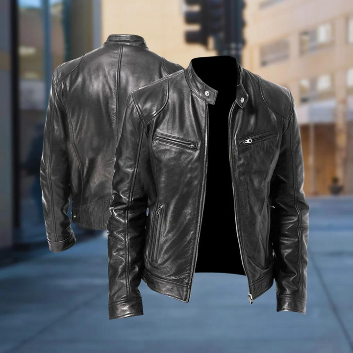Veste en cuir noir présentée de face et de dos, superposées sur un fond de rue floue. 4