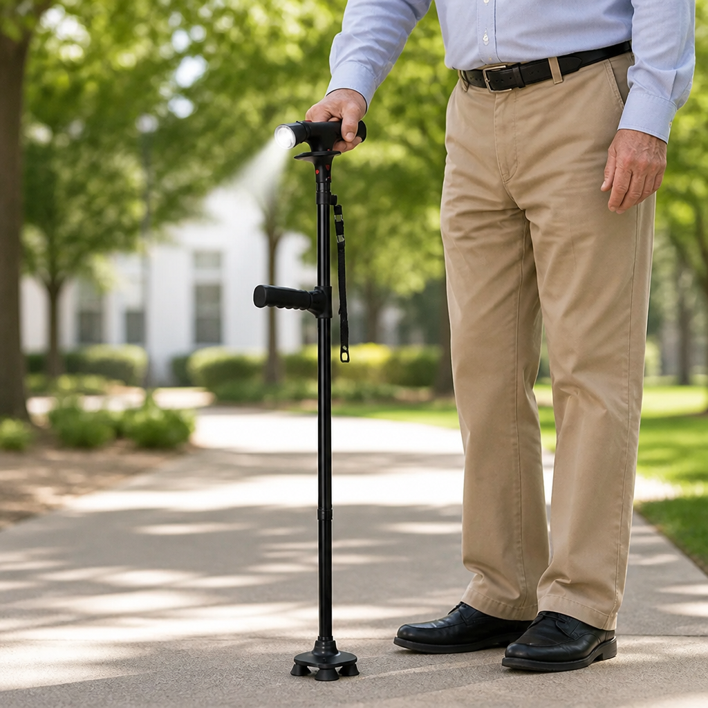 Homme en pantalon beige marchant dans une allée de parc, appuyé sur la canne noire dont la lampe LED est allumée. 3