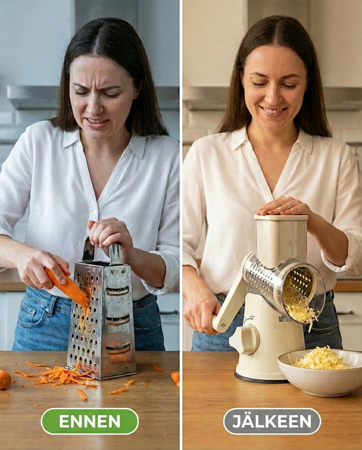 Comparaison avant-après : une femme grimace en râpant une carotte sur une râpe classique, puis sourit en utilisant l'appareil rotatif crème. 3