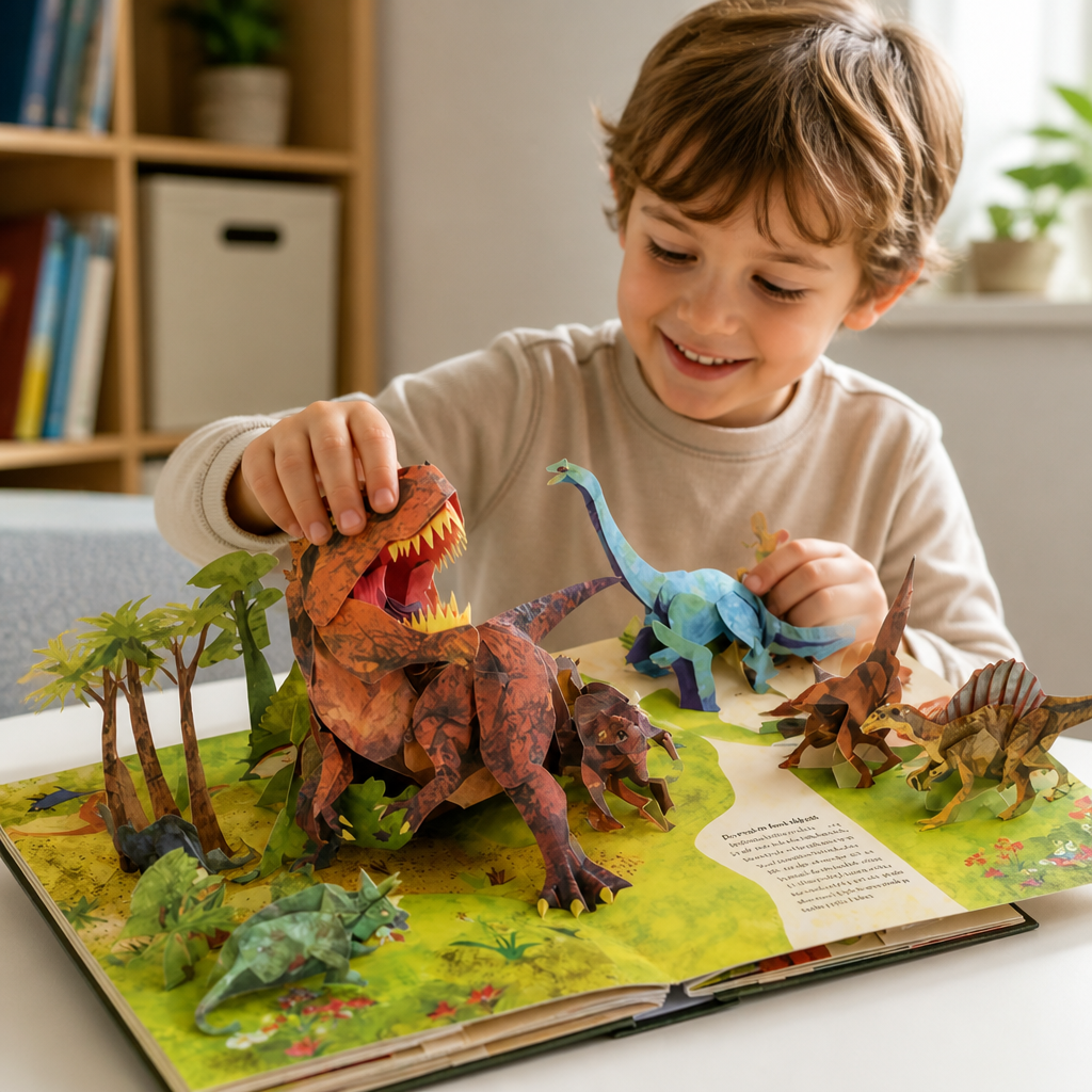 Enfant souriant touchant la mâchoire du tyrannosaure en papier d'une scène pop-up ouverte sur une table 3