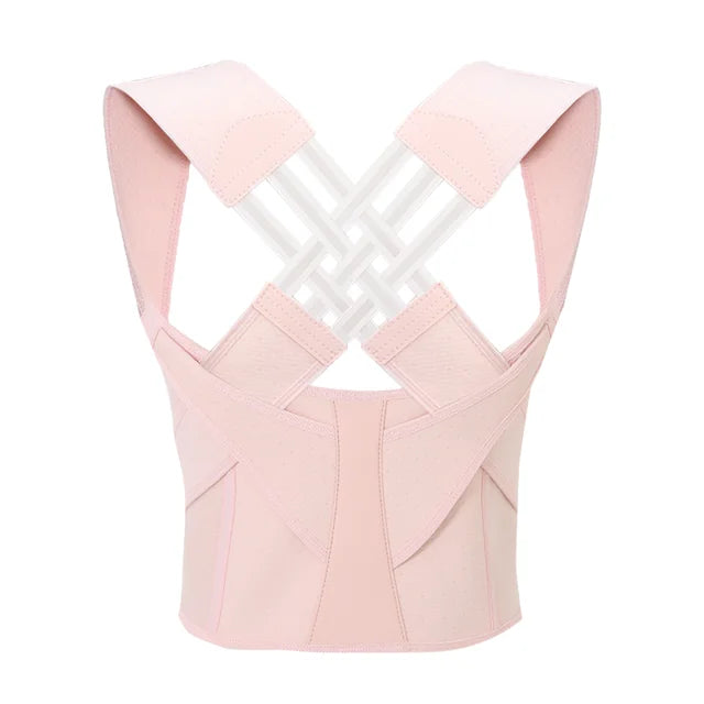 Correcteur de posture rose pâle à plat, vu de dos, avec bandes élastiques blanches croisées et ceinture large. 11