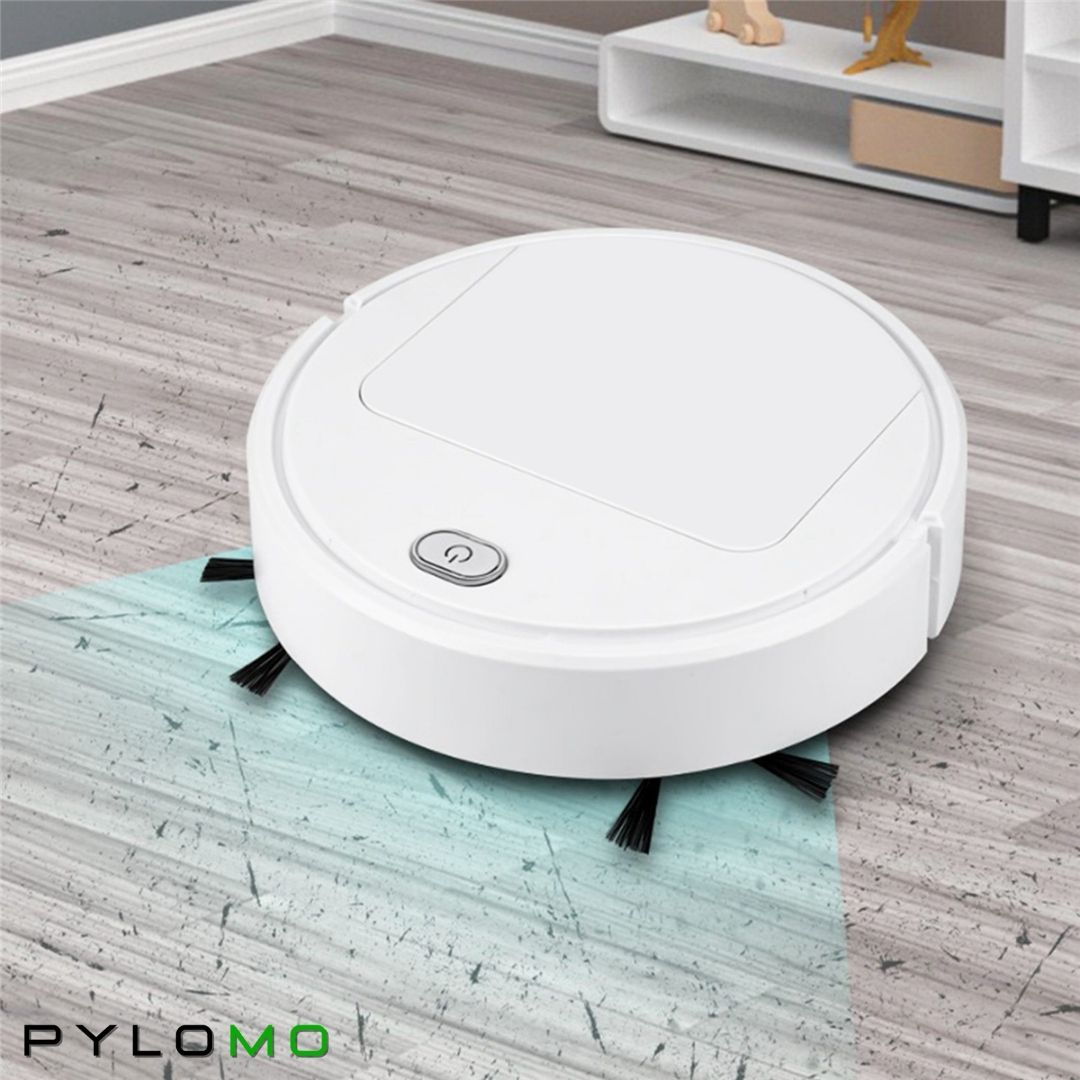Robot blanc sur un sol en bois abîmé, avec une zone bleutée montrant la surface nettoyée devant ses brosses. 3