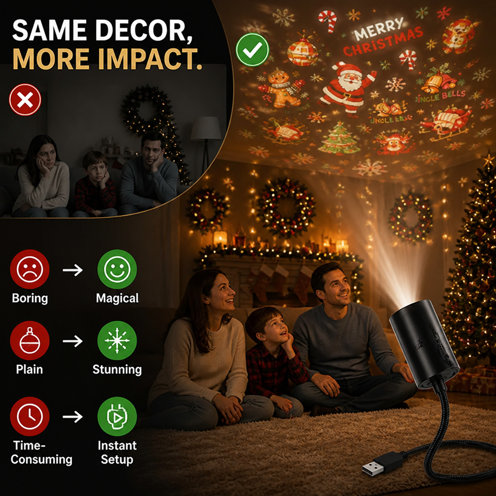 Comparaison d'un salon terne et d'un salon où le projecteur couvre le plafond de motifs festifs, avec une famille émerveillée. 3