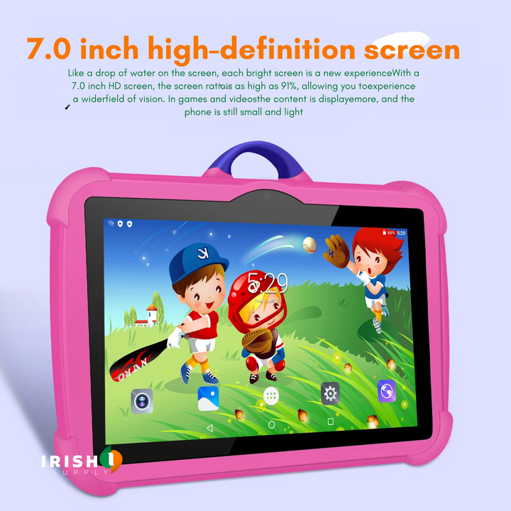 Tablette rose inclinée, écran d'accueil avec des enfants jouant au baseball, mettant en avant l'écran 7 pouces 7