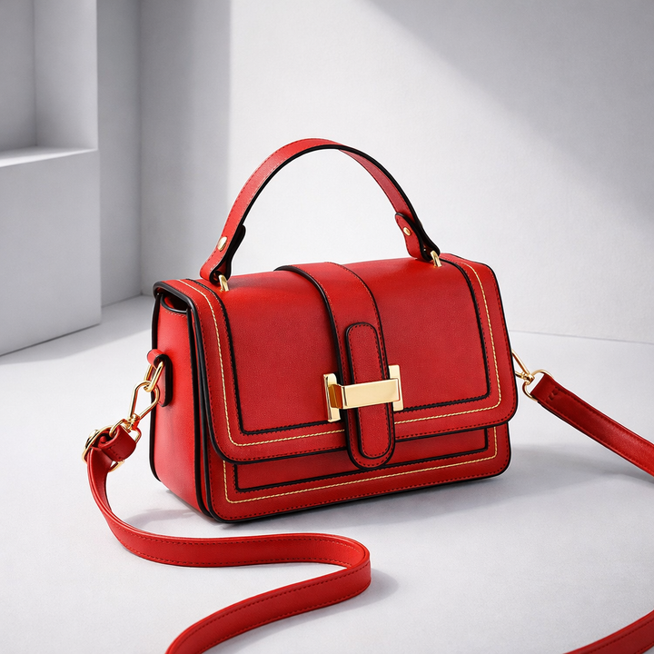 Sac rouge à fermoir doré et surpiqûres dorées, présenté en trois quarts avec sa bandoulière. 8