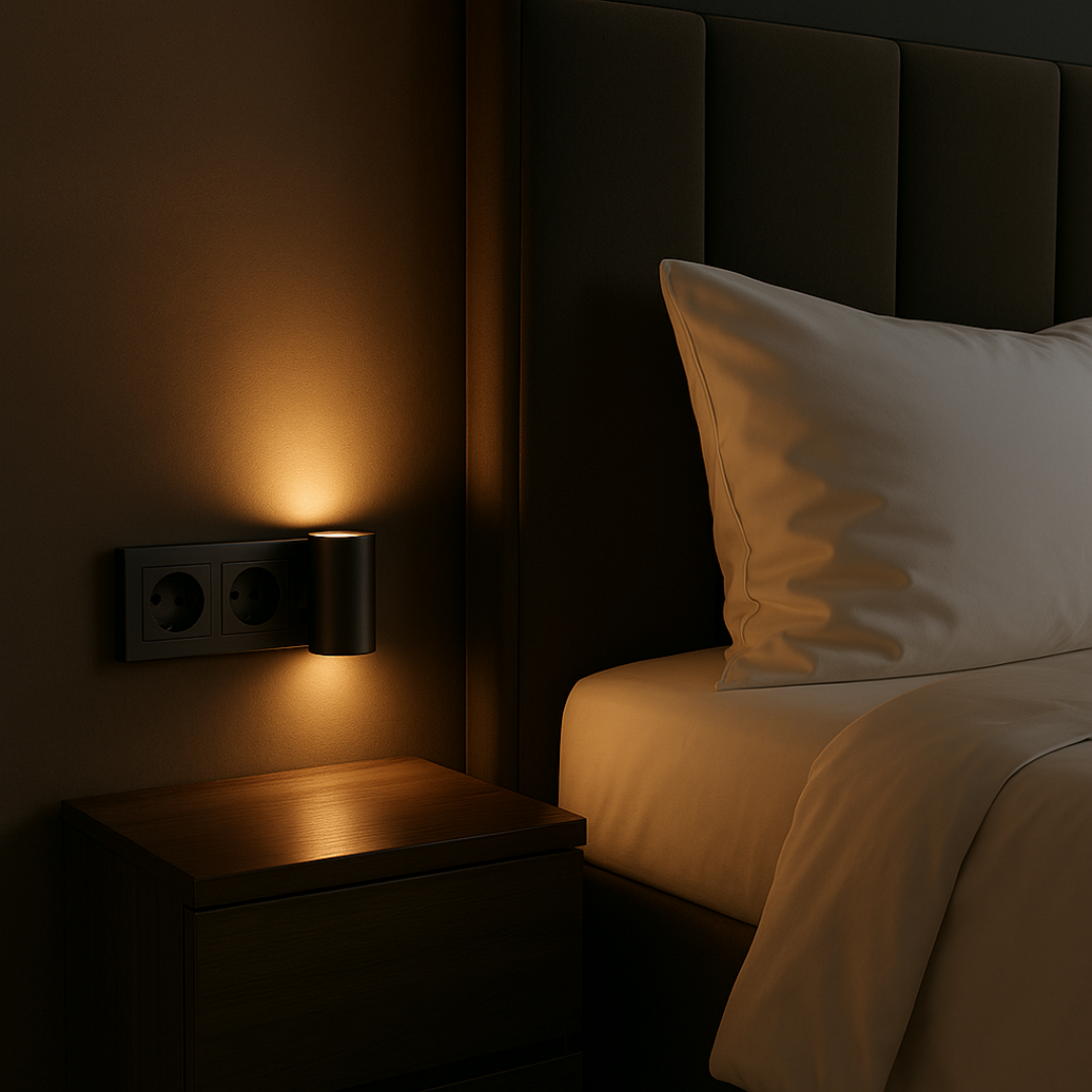 Veilleuse noire branchée sur une prise double à côté d'un lit, projetant une lueur chaude et douce sur le mur dans la chambre. 2