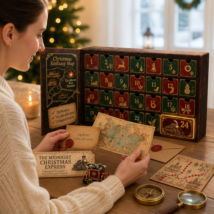 Femme souriante dévoilant des cartes d'indices, une carte au trésor, un ticket, une boussole et une loupe devant le calendrier ouvert. 3