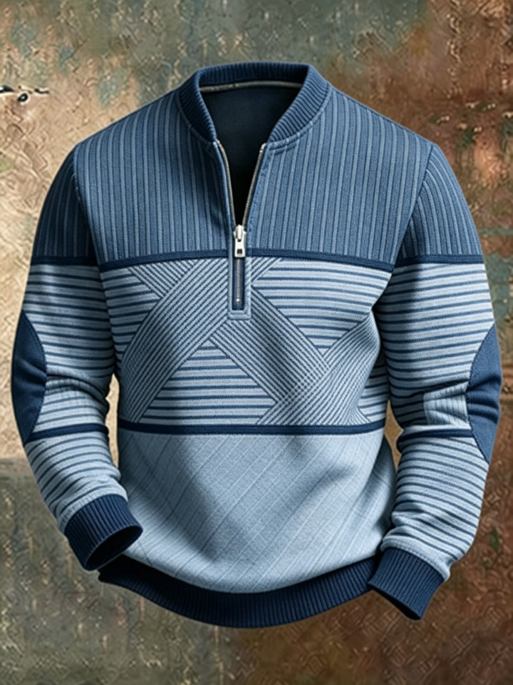 Pull à demi-zip en camaïeu de bleus, empiècements rayés, manches avec coudières et poignets côtelés, vue de face. 3