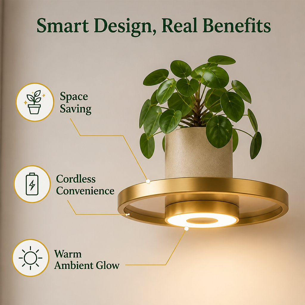 Gros plan sur une étagère ronde dorée avec sa lumière LED chaude intégrée dessous, portant un pot de plante, avec trois pictogrammes d'avantages. 3