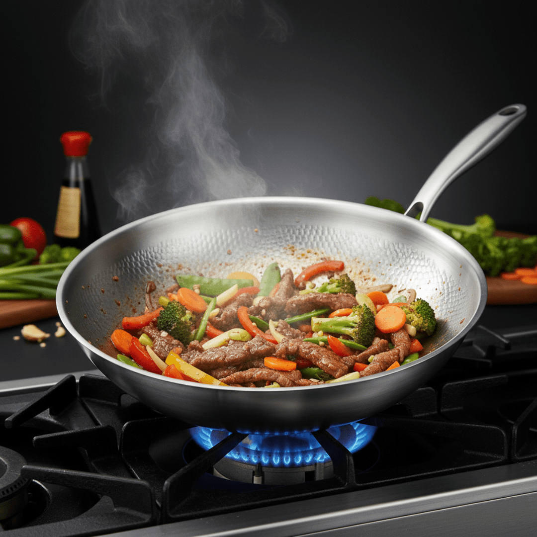 Wok sur un feu de cuisinière à gaz, rempli de bœuf et de légumes sautés avec de la vapeur. 6