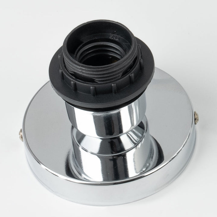 Platine de fixation ronde chromée avec douille noire à vis, sans le cristal, sur fond blanc. 12