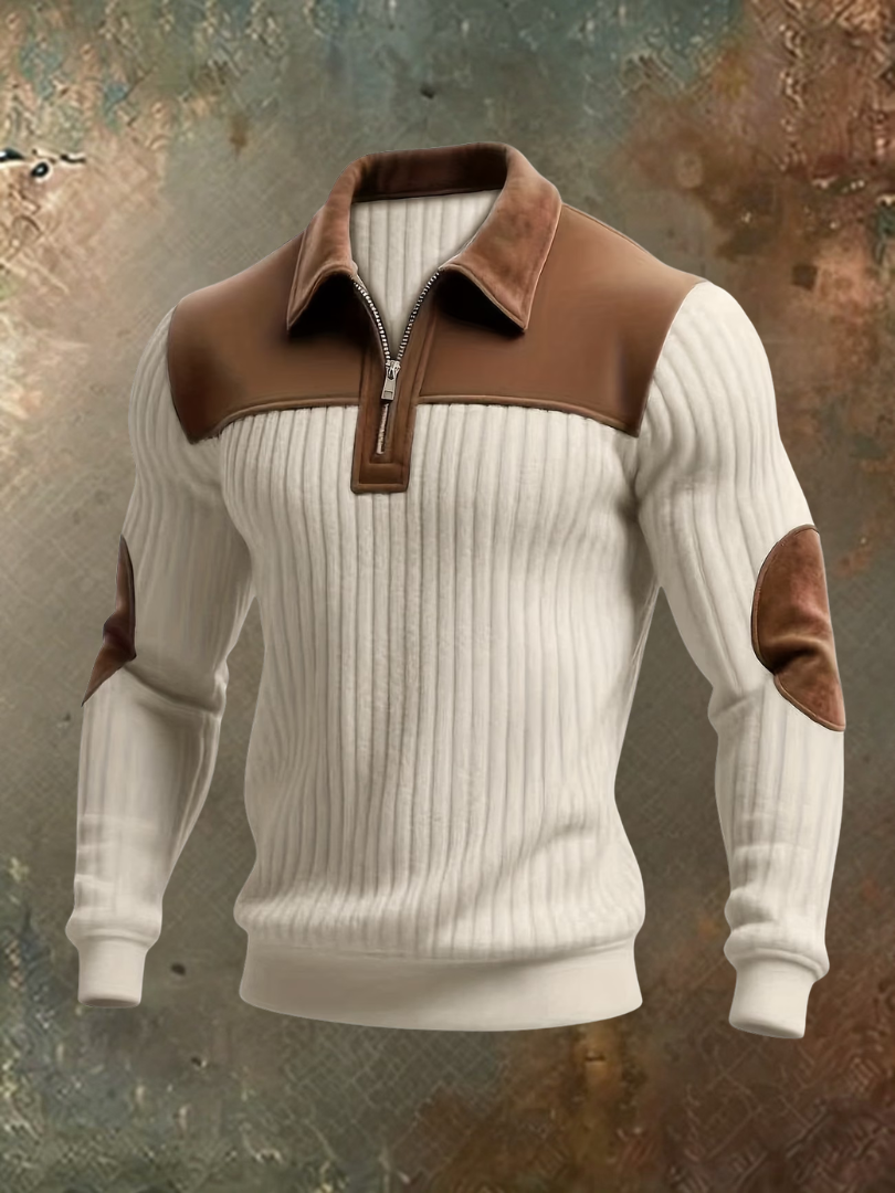 Pull côtelé de teinte crème à col zippé, empiècements marron aspect daim aux épaules, au col et aux coudes. 2