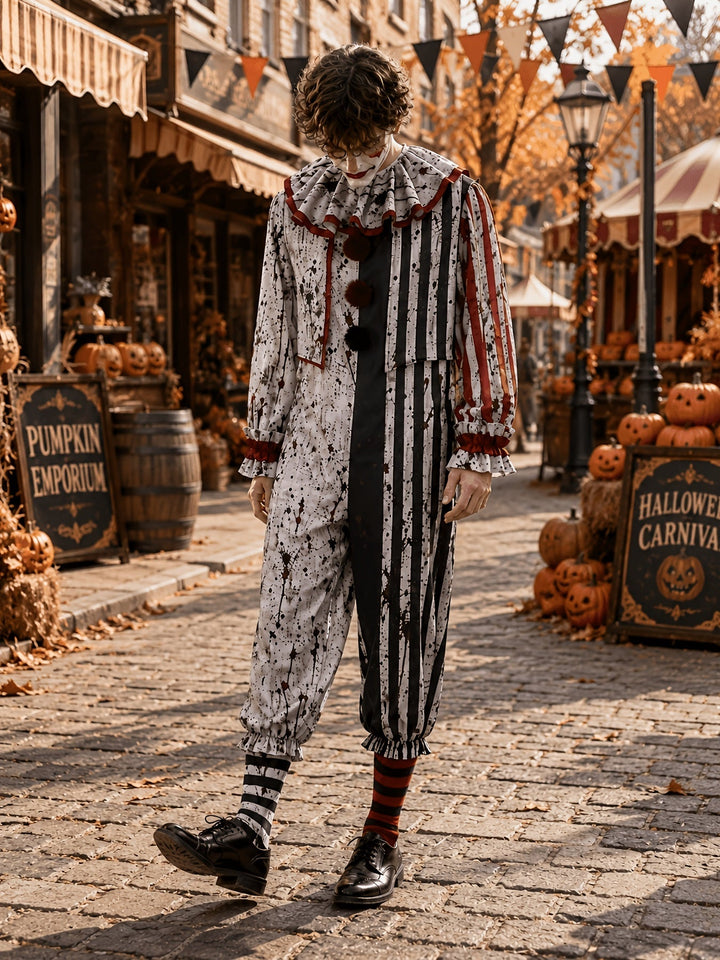 Modèle en marche sur des pavés, portant la combinaison de clown d'horreur avec col à volants, pompons et chaussures noires vernies. 4