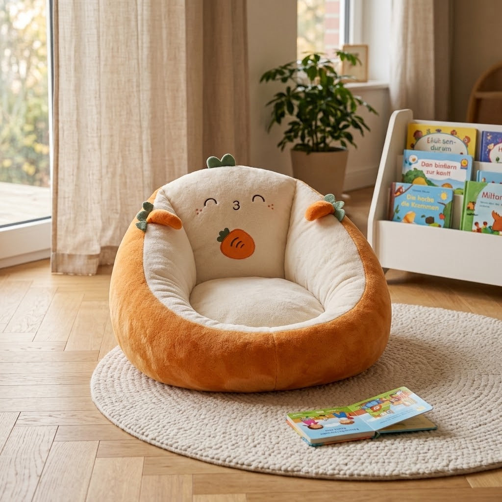 Fauteuil en peluche orange et crème en forme de carotte souriante, posé sur un tapis rond dans un coin lecture 1