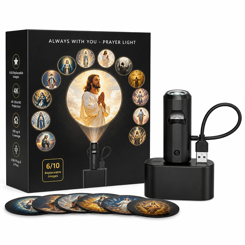 Projecteur noir sur socle avec câble USB, boîte à motifs religieux et six disques de projection posés devant. 9