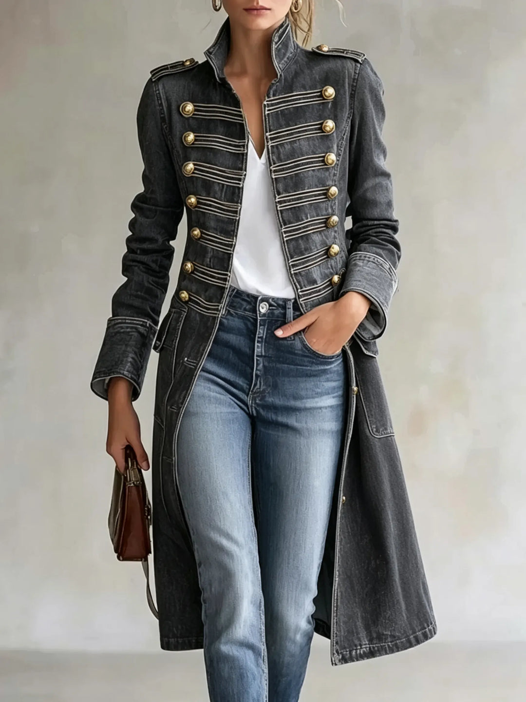 Manteau croisé à col officier en coloris gris anthracite, boutons dorés et galons, porté avec jean bleu et tee-shirt blanc. 10