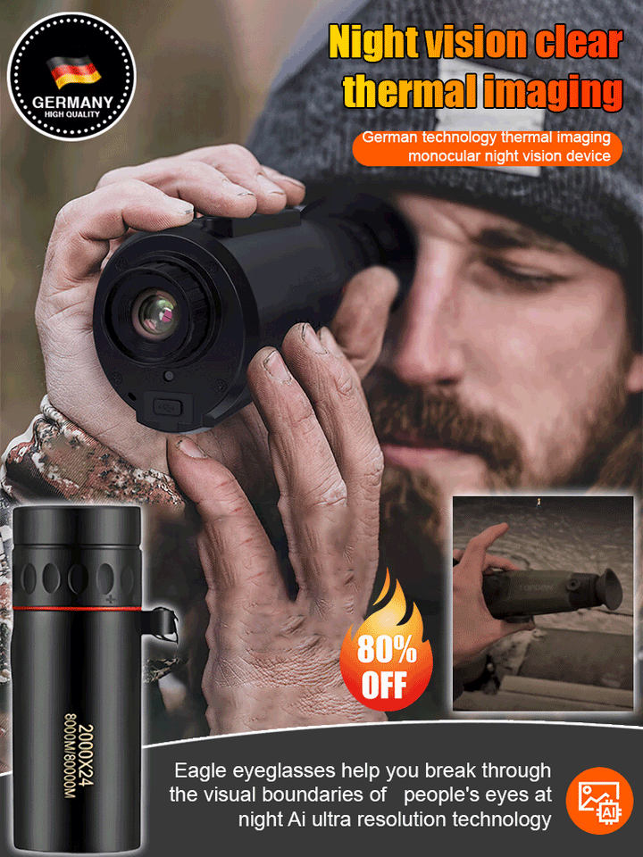 Homme barbu en bonnet observant à travers un monoculaire de vision nocturne, avec le modèle noir en médaillon 2