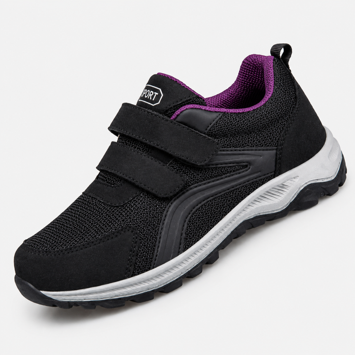 Chaussure noire à deux scratchs avec doublure violette à l'intérieur du col, semelle blanche et grise 8