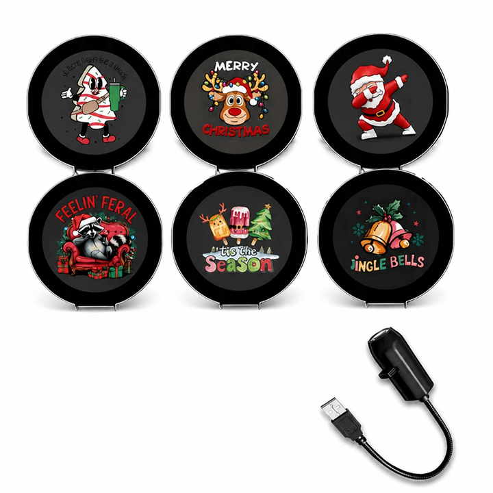 Six disques de projection noirs aux motifs de Noël colorés, posés au-dessus du projecteur USB à col flexible. 5