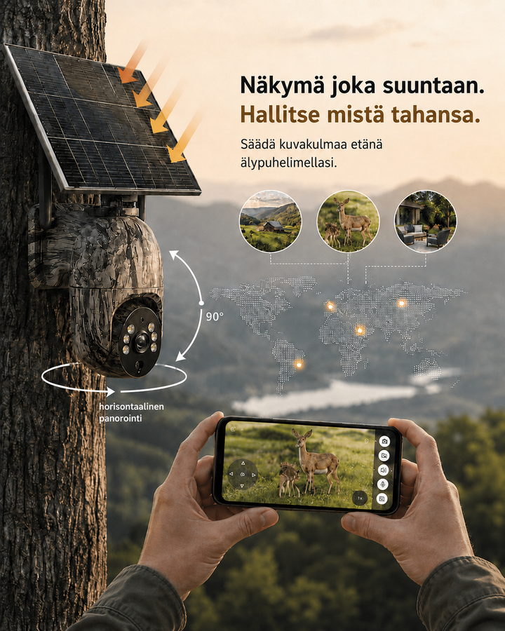 Caméra sur un tronc avec flèches de rotation à 90°, mains tenant un smartphone qui affiche des cerfs, carte du monde en fond. 6