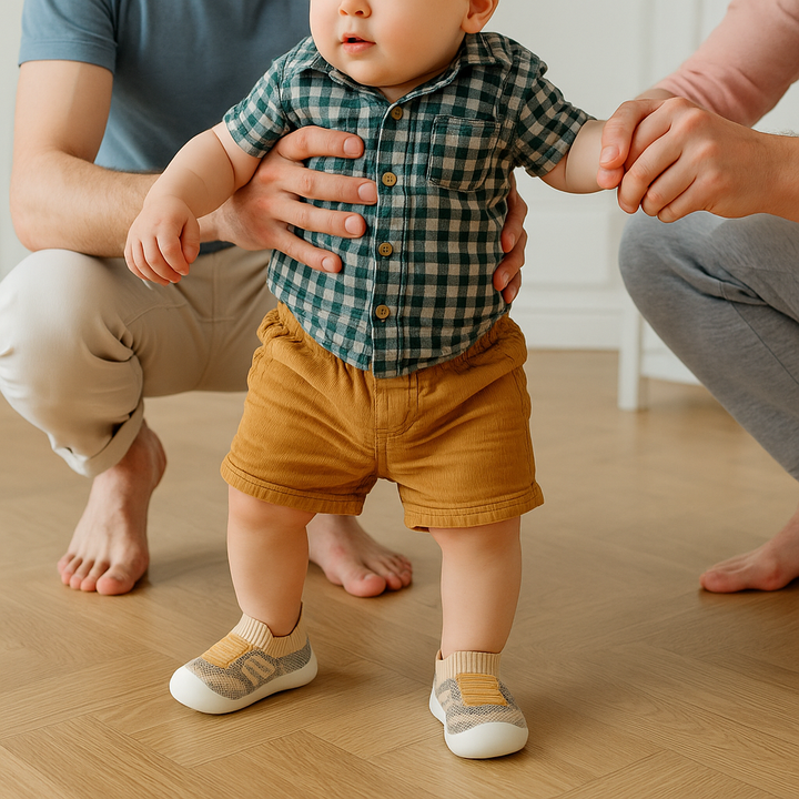 Bébé debout tenu par ses parents sur un parquet, portant des chaussures en maille beige et grise à empiècement jaune moutarde. 5