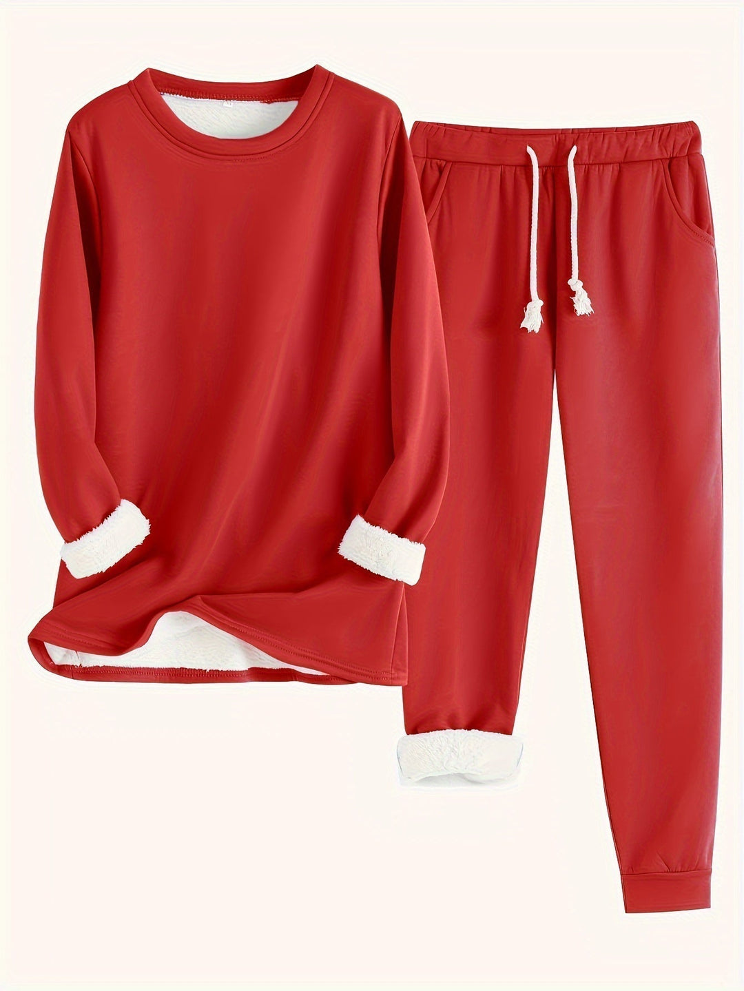 Ensemble rouge pull à col rond et jogging à cordon blanc, doublure peluche contrastante 9