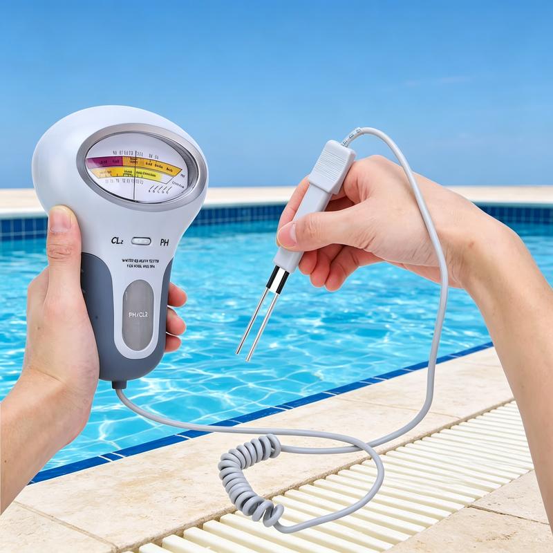 Mains tenant le testeur d'une main et la sonde à deux pointes de l'autre, câble spiralé, au-dessus du bord d'une piscine. 2