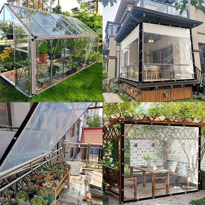 Quatre usages de la bâche transparente : serre de jardin, balcon fermé, protection de plantes en pots et pergola avec salon. 8