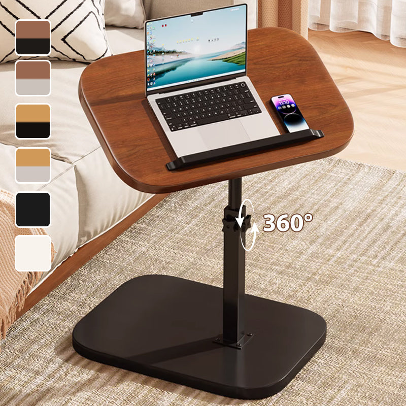Bureau d'appoint en bois foncé et pied noir avec ordinateur portable et téléphone, flèche de rotation à 360° et pastilles des six coloris. 1