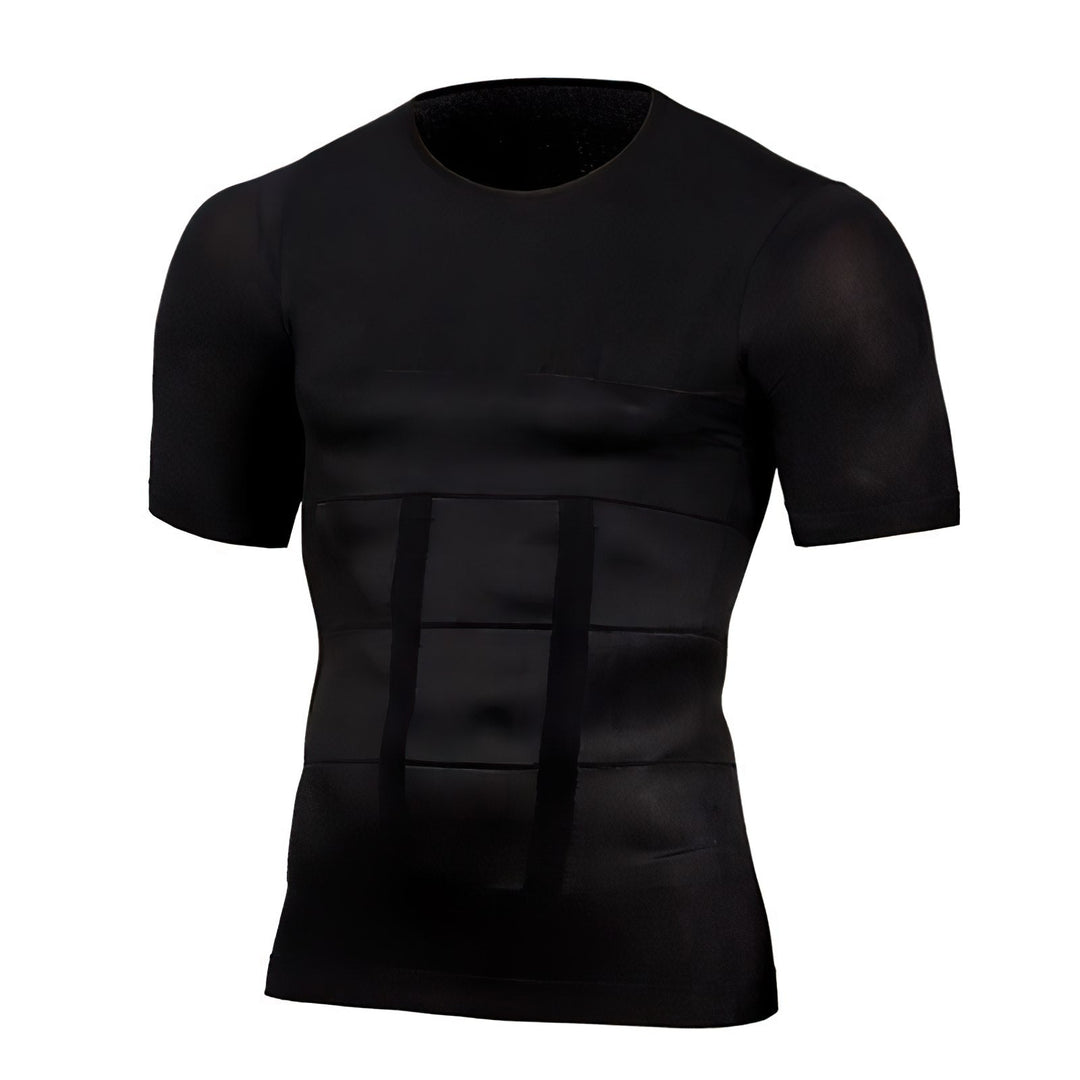 Vue de face du haut de compression noir à manches courtes, col rond et bandes de maintien sur l'abdomen. 1