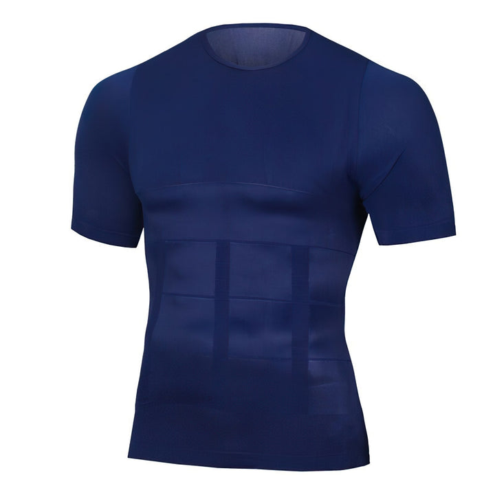 Vue de face du haut de compression bleu marine à manches courtes, avec panneaux de maintien sur l'abdomen. 3