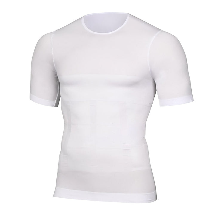 Vue de face du haut de compression blanc à manches courtes, avec panneaux de maintien discrets sur le ventre. 2