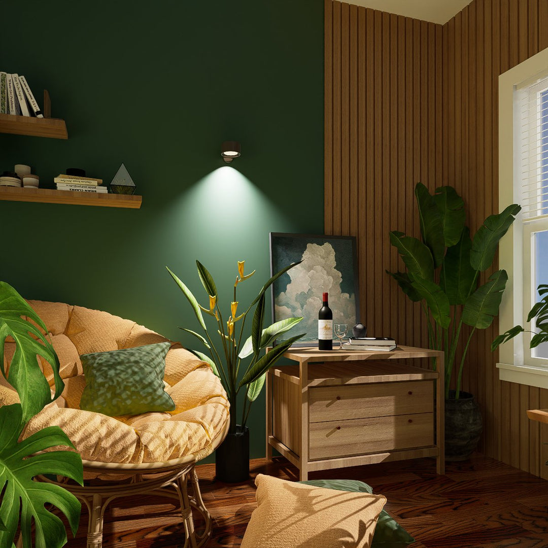 Applique sombre projetant un cône de lumière sur un mur vert profond, dans un coin lecture avec fauteuil en rotin et plantes. 9