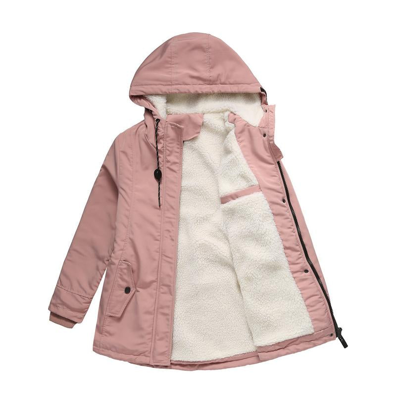 Parka rose pâle à plat, ouverte, laissant voir l'épaisse doublure polaire crème 5