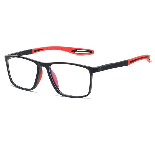 Lunettes à monture noire, branches noires et rouges ajourées et plaquettes rouges, vues de trois quarts sur fond blanc. 14
