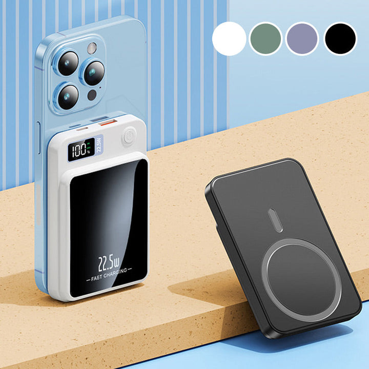 Chargeur blanc fixé au dos d'un smartphone bleu, à côté d'un chargeur noir posé; quatre pastilles de coloris en haut. 5