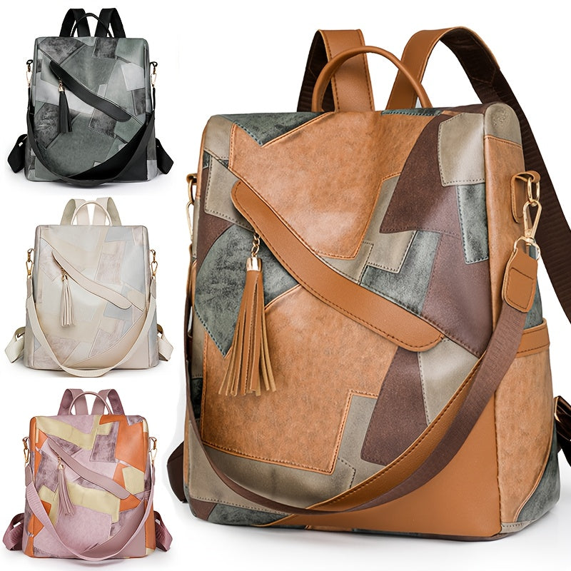 Quatre sacs à dos patchwork avec pampille, en gris et noir, beige, rose et orange, et marron, présentés ensemble. 1