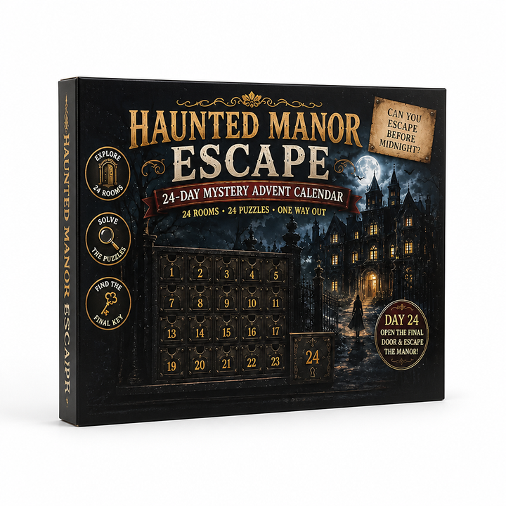 Boîte du thème évasion du manoir hanté, avec manoir sous la lune, grille sombre, silhouette et cases numérotées en bas à gauche. 9