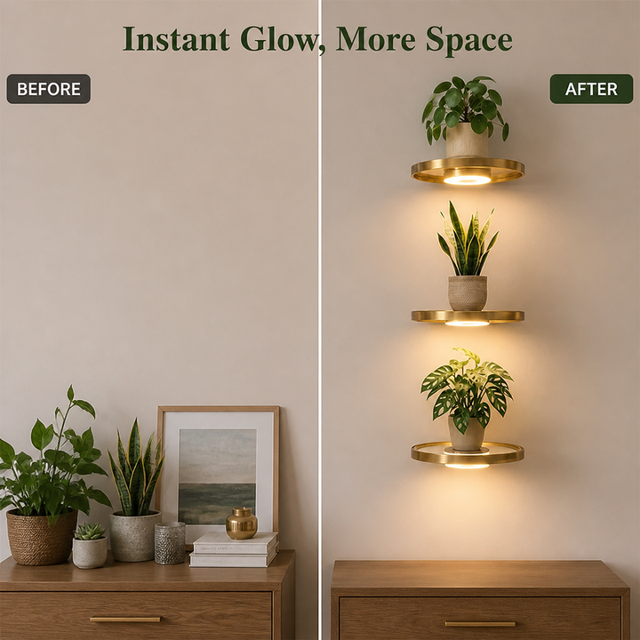 Avant-après d'un mur au-dessus d'une commode : plantes posées sur le meuble à gauche, trois étagères lumineuses dorées au mur à droite. 4
