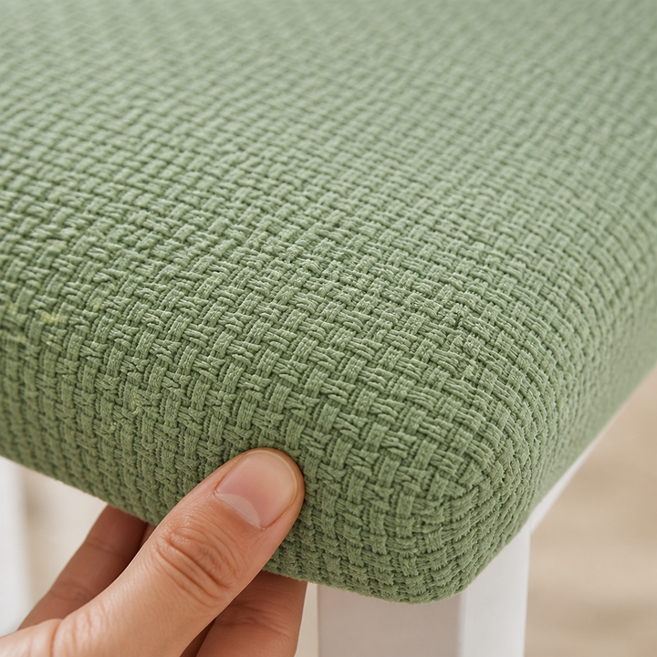 Gros plan sur le tissu jacquard vert Ă  trame tressĂ©e d'une housse d'assise, un pouce appuyĂ© contre le bord arrondi. 4