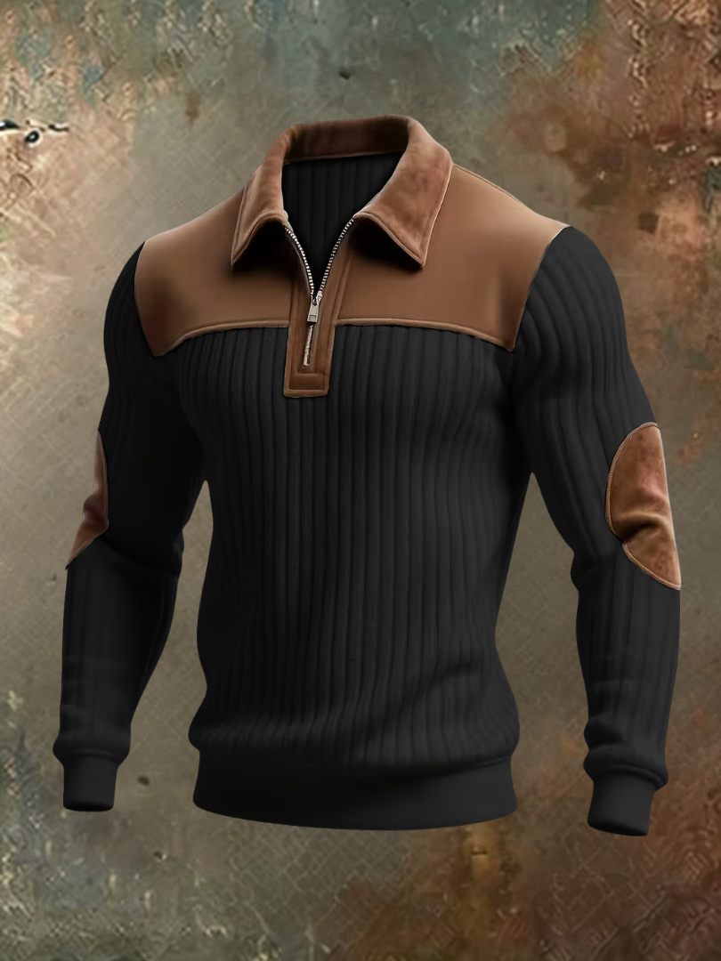 Pull côtelé noir à col zippé avec empiècements marron aspect daim sur les épaules, le col et les coudes. 3