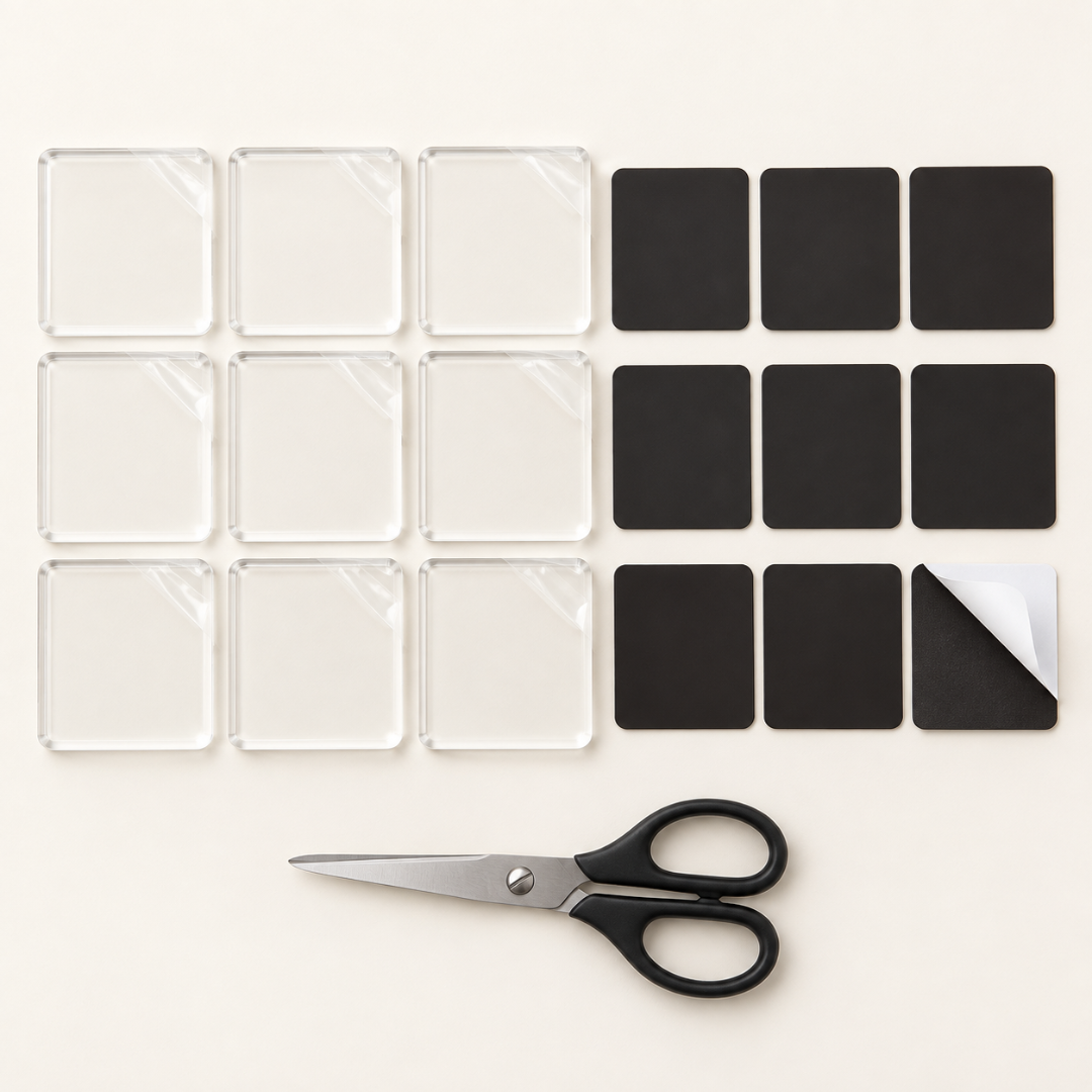 Neuf carrés d'acrylique transparent et neuf aimants noirs rectangulaires alignés à plat, avec une paire de ciseaux 9