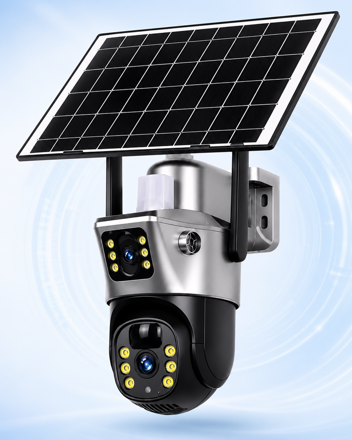 Caméra à double objectif noire et grise, panneau solaire et deux antennes, projecteurs LED jaunes, sur fond bleu clair. 11