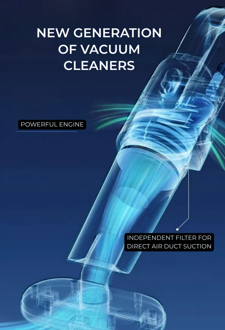Vue radiographiée bleutée de l'aspirateur montrant le moteur, le filtre indépendant et le flux d'air jusqu'à la tête d'aspiration. 3