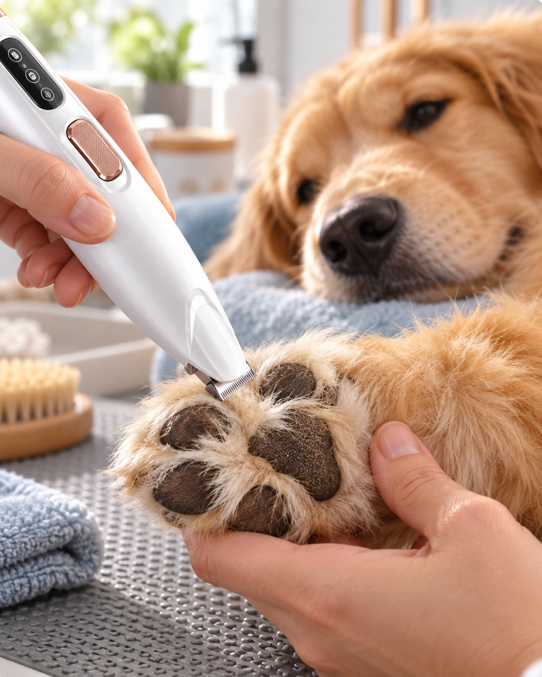 Gros plan sur la tondeuse qui rase les poils sous la patte d'un chien allongé 3