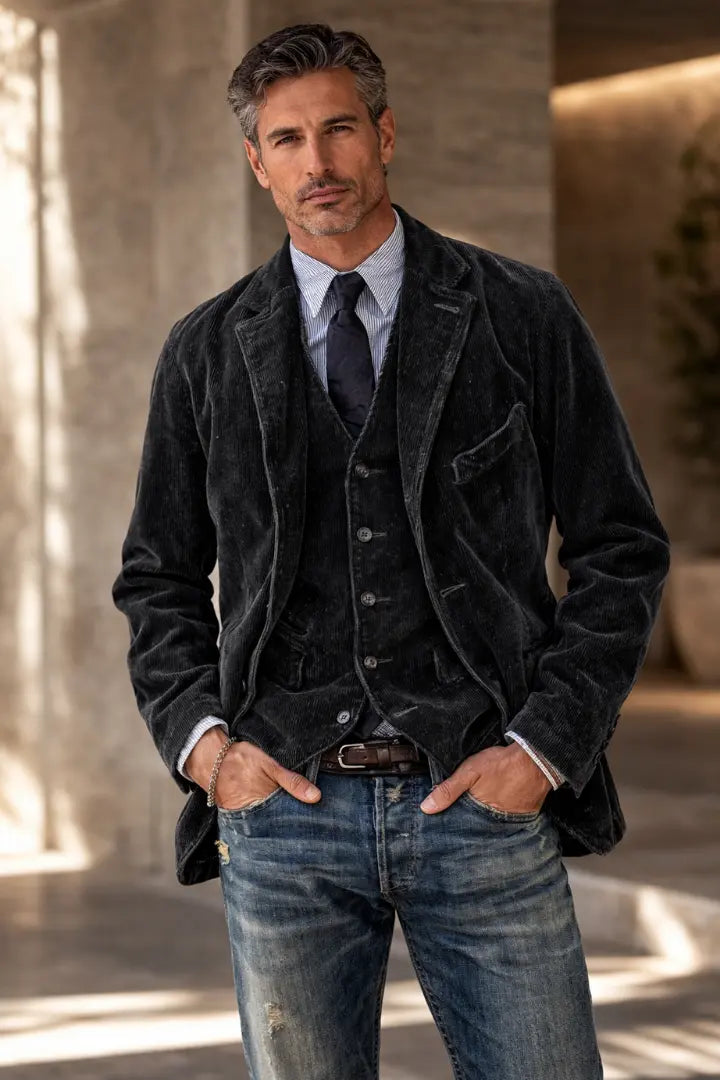 Mannequin en tenue velours côtelé gris anthracite, cravate foncée et jean, photographié en entier devant un mur de pierre 2