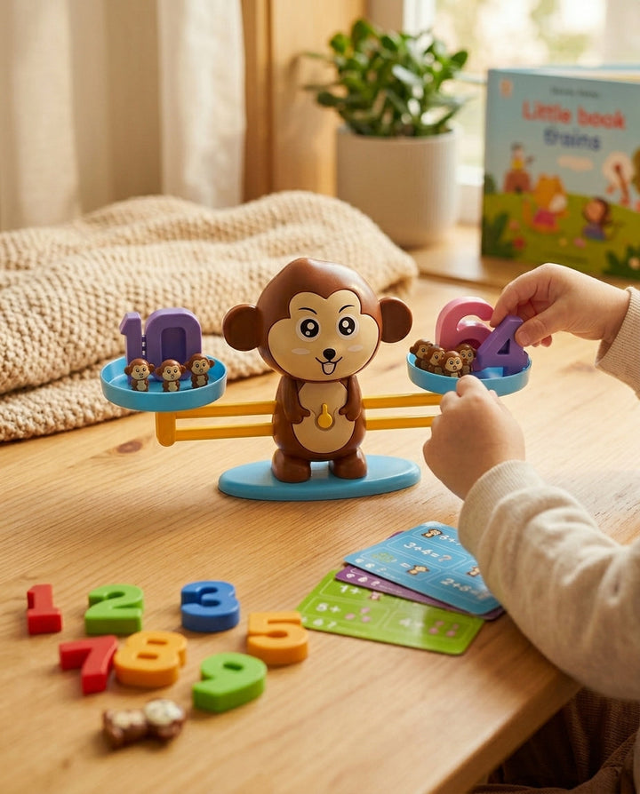 Enfant plaçant un chiffre sur le plateau de la balance singe, cartes de calcul et chiffres au premier plan 4