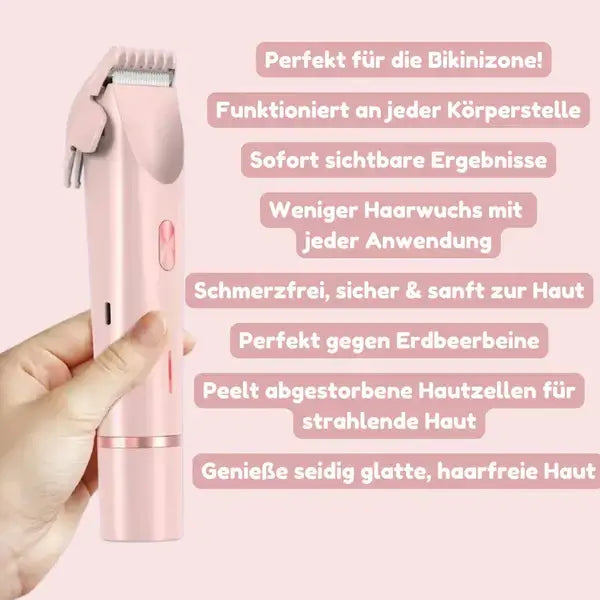 Main tenant la tondeuse rose équipée de son sabot peigne, à côté d'une liste d'avantages sur fond rose. 6