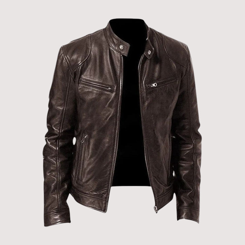 Veste marron foncé vue de face, ouverte, avec col montant et poches zippées 6